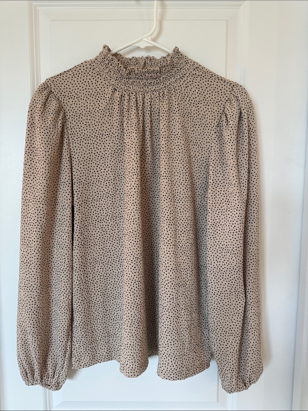 LOFT Beige Blouse with Black Dot Print and Smocked Neck